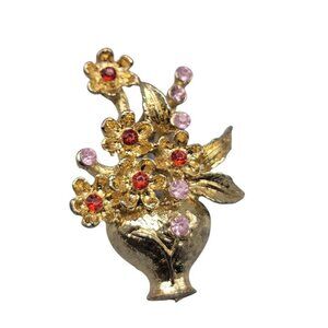 Basket of Flowers Brooch Gold Tone Red Pink Rhinestone Flowers Vintage Pin